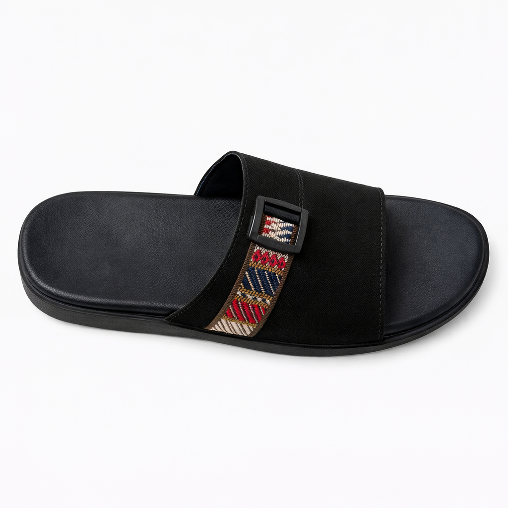Black Slide Sandals with Patterned Strap