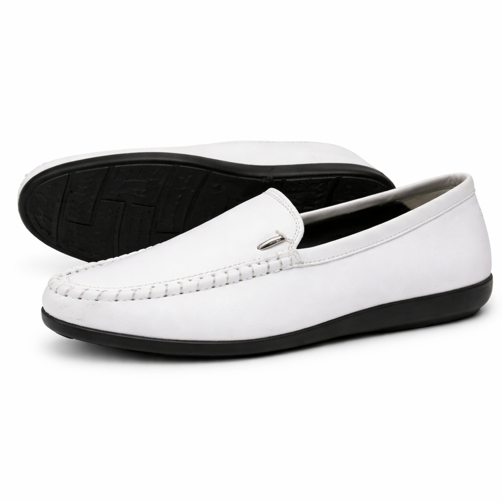 Mens White Slip On Casual Loafers with Black Sole