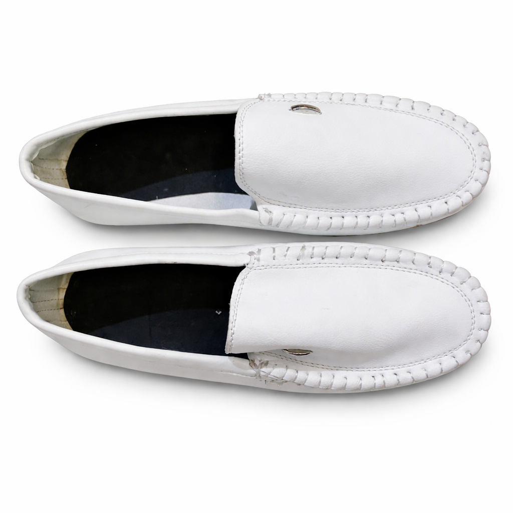 Mens White Slip On Casual Loafers with Black Sole