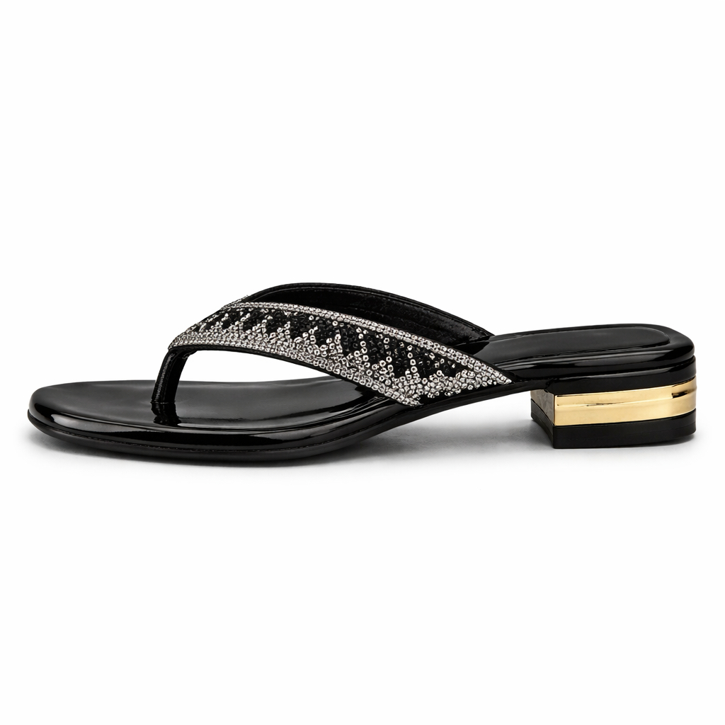 Black and silver Rhinestone Strap Low Heel Slide Sandal