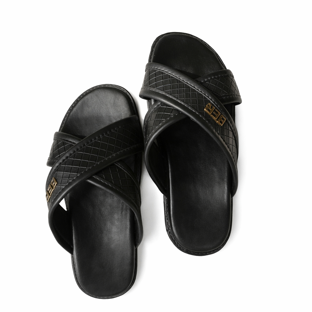 Mens Black Cross Strap Slip On Sandals