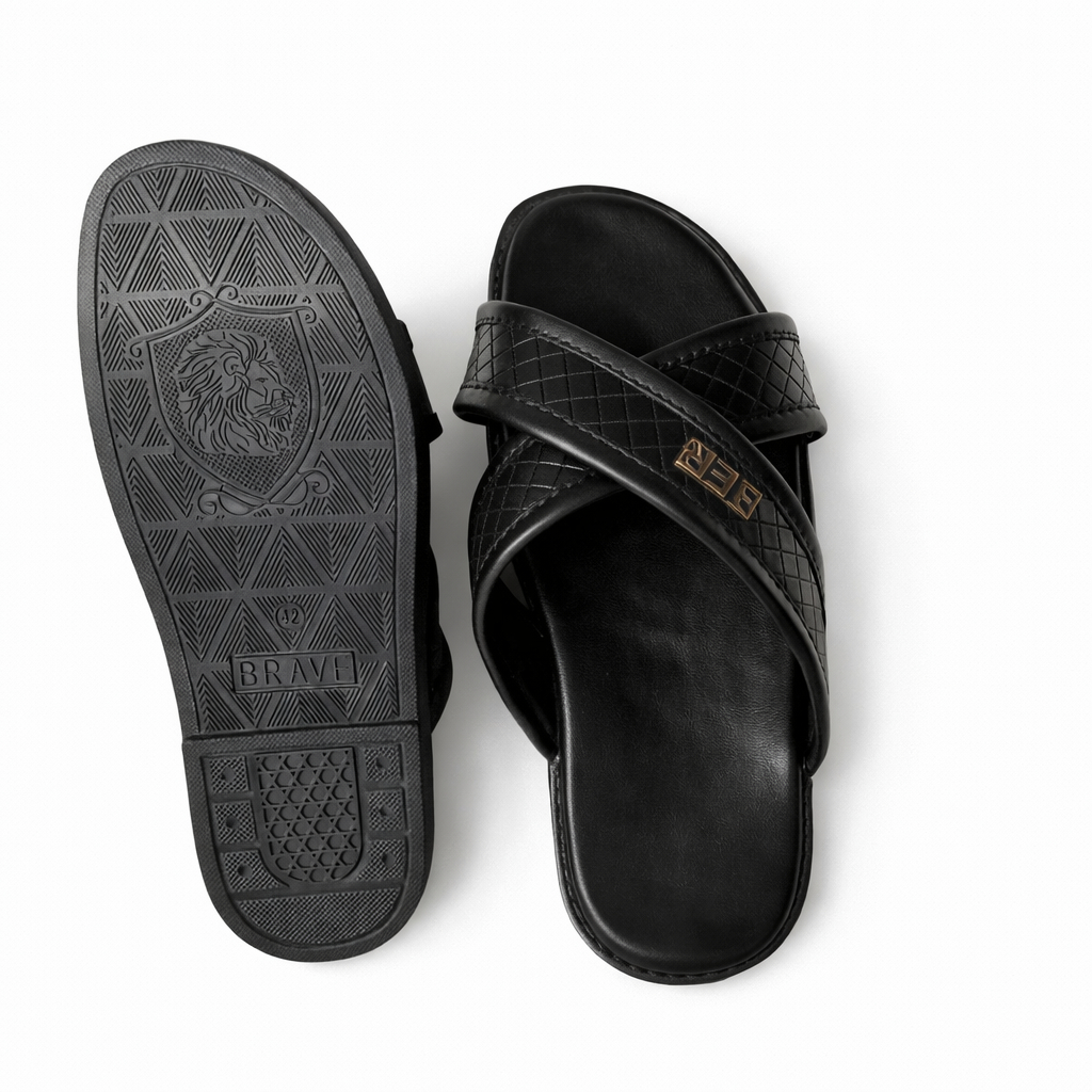 Mens Black Cross Strap Slip On Sandals