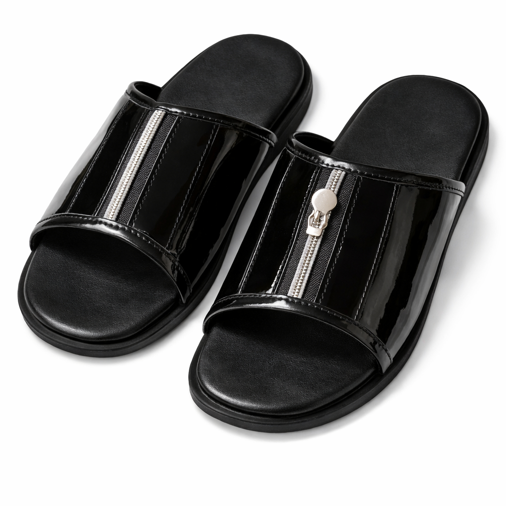 Mens Black Glossy Slide Sandals with Zipper Detail