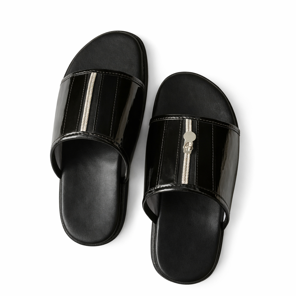 Mens Black Glossy Slide Sandals with Zipper Detail