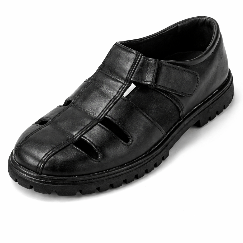Mens Black Closed Toe Leather Sandals with Adjustable Strap