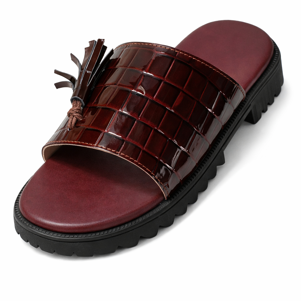 Quality Men Burgundy Croc Texture Leather Slide Sandals with Tassel