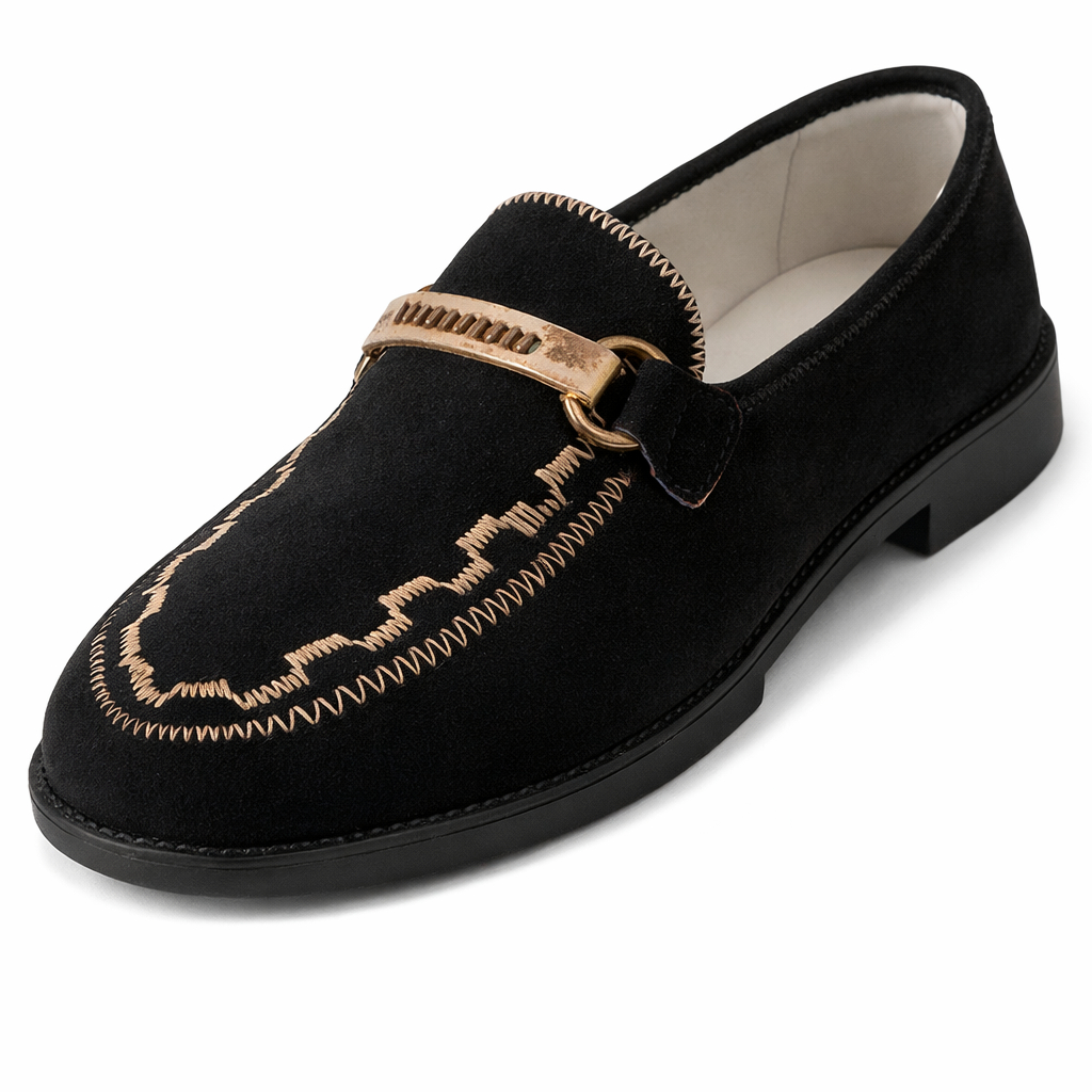 Mens Black Slip On Loafer with Decorative Metal Strap
