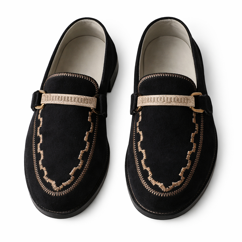 Mens Black Slip On Loafer with Decorative Metal Strap