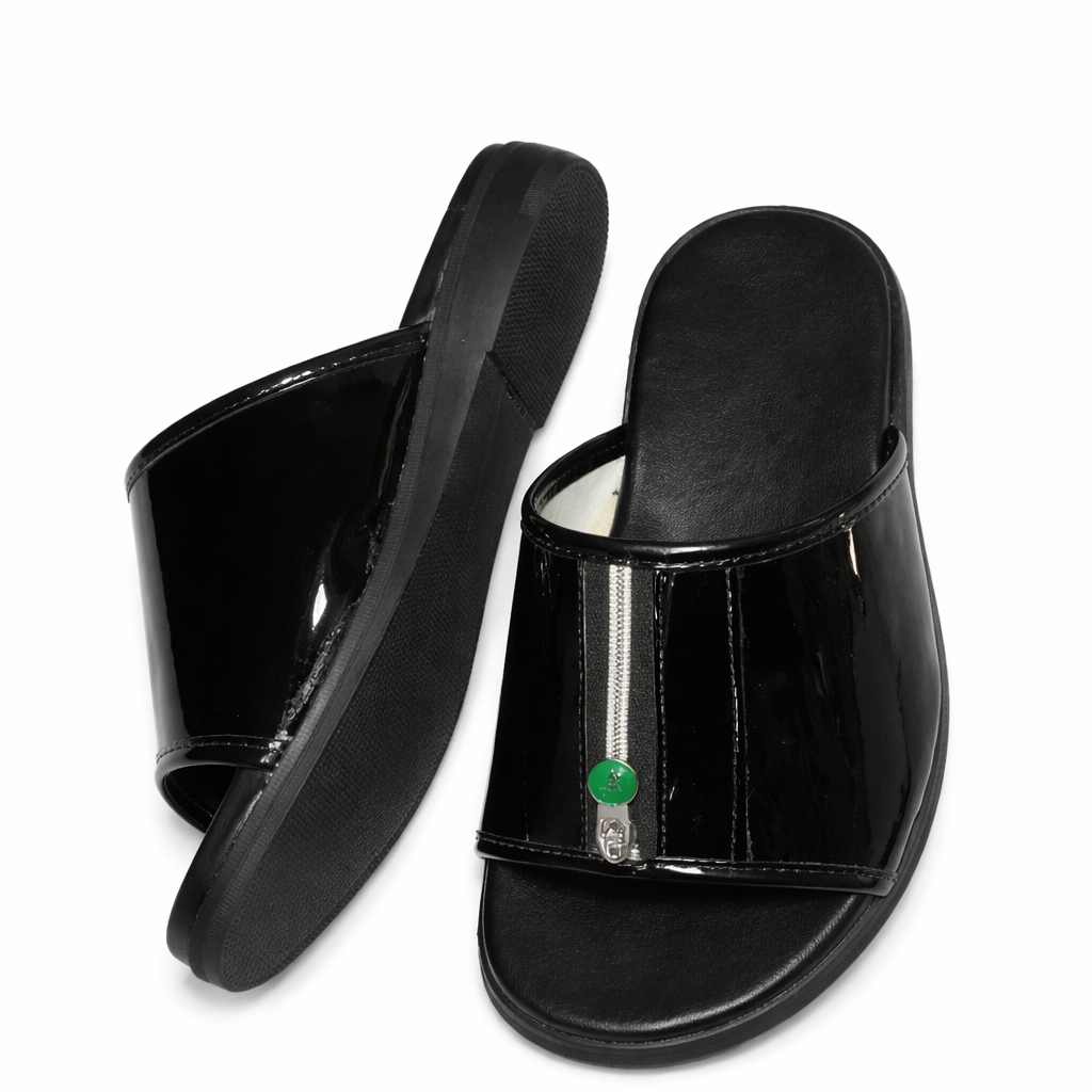 Quality Men Black Glossy Slide Sandals with Front Zipper Detail