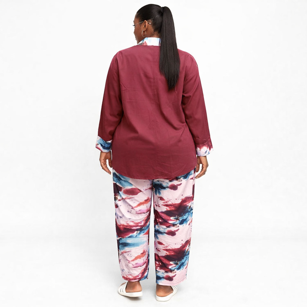 Stylish Women Burgundy Button Down and Abstract Print Trouser Two Piece Set