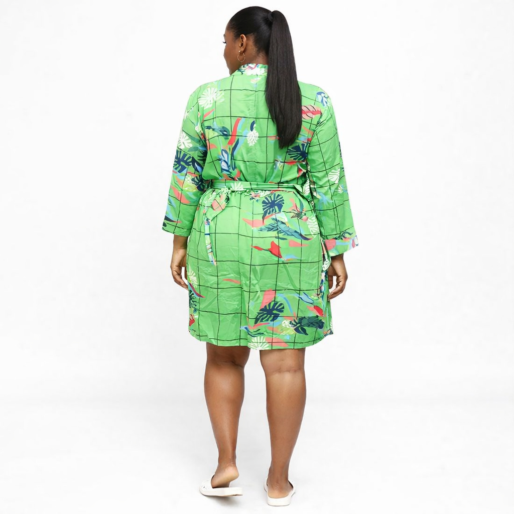 Womens Green Printed Wrap Midi Dress with Waist Tie