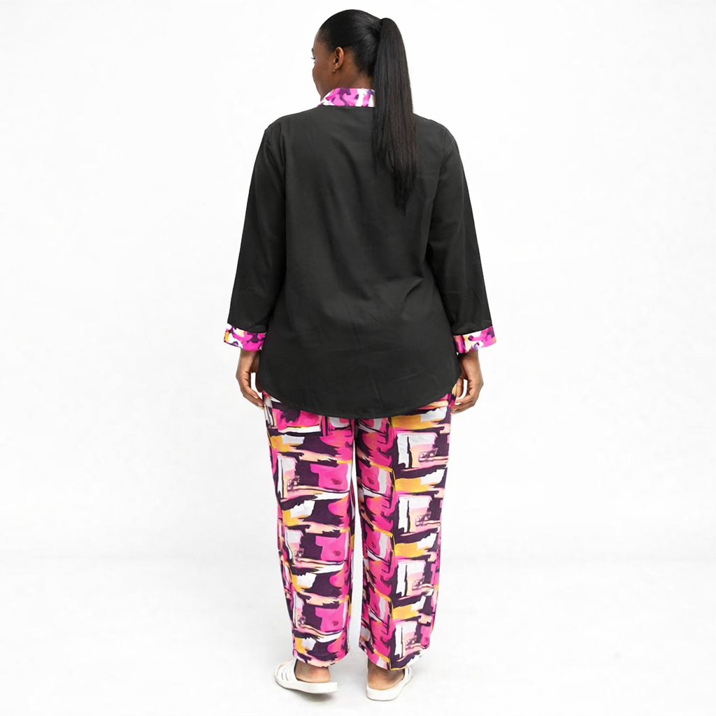Quality Women Black and Abstract Print Two Piece Trouser Set