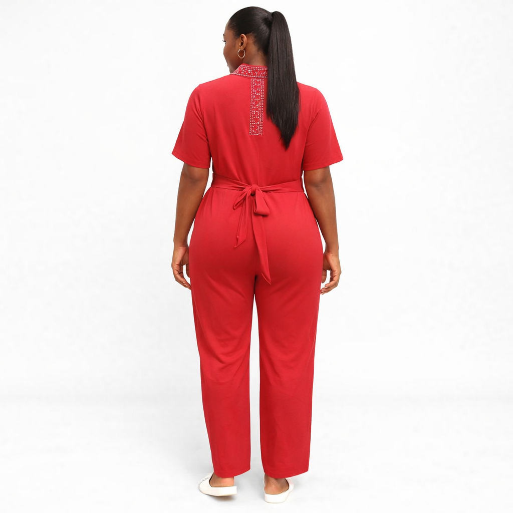 Stylish Women Red Short Sleeve V Neck Wrap Jumpsuit with Belt