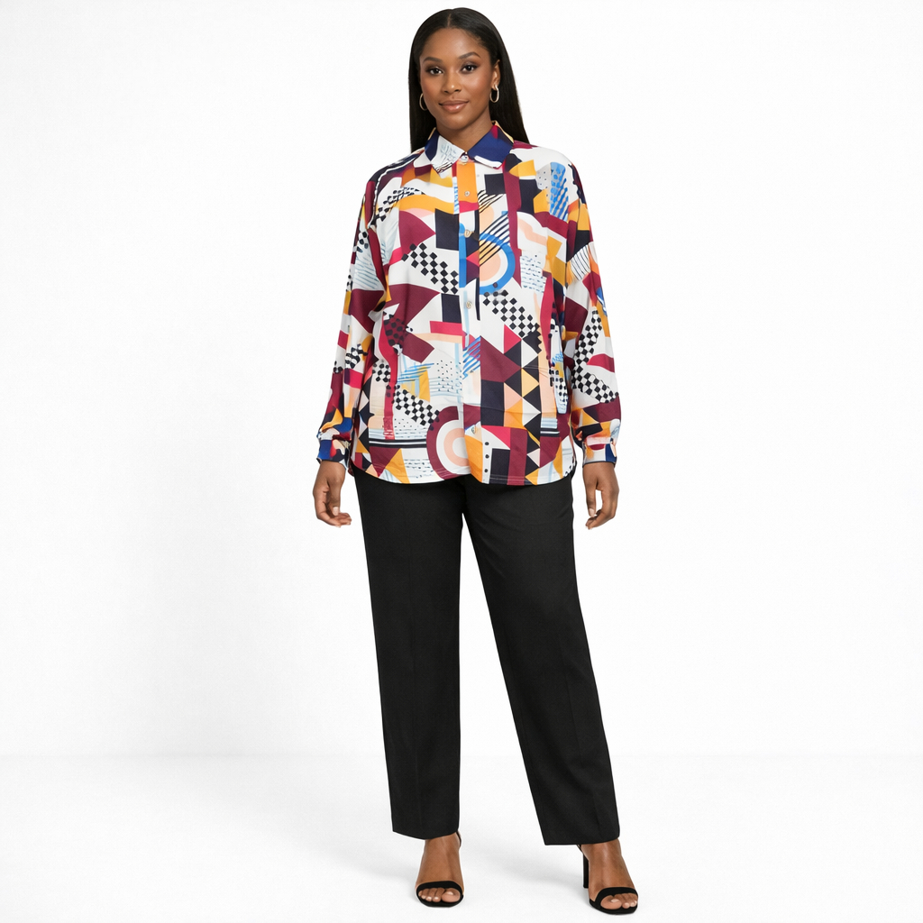 Trendy Women Long Sleeve Geometric Print Blouse and Black Wide Leg Trousers Set