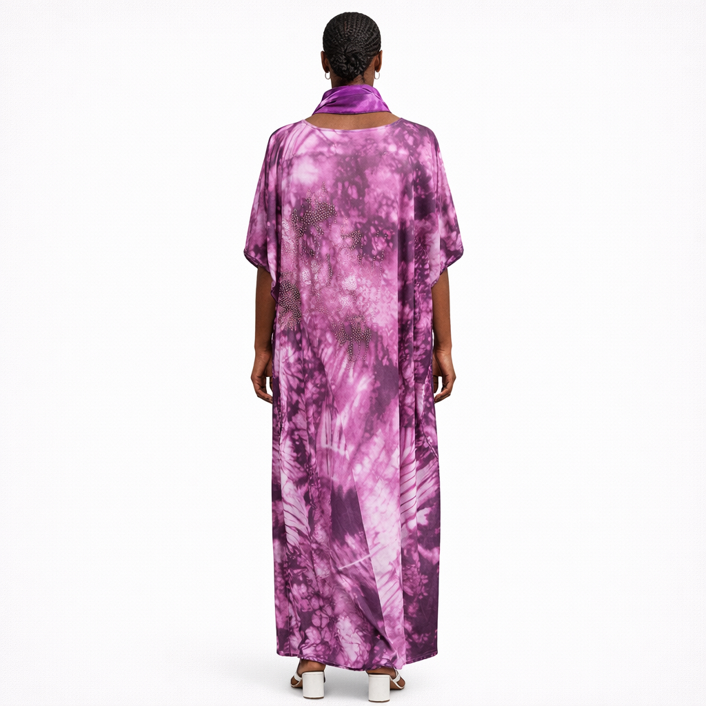 Stylish Women Purple Tie Dye Kaftan Dress with Matching Scarf