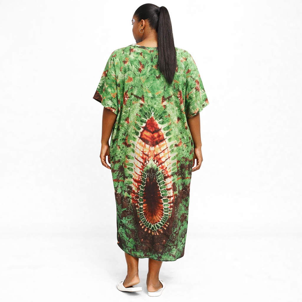 Womens Green and Red Tie Dye Kaftan Dress with Tassel Detail