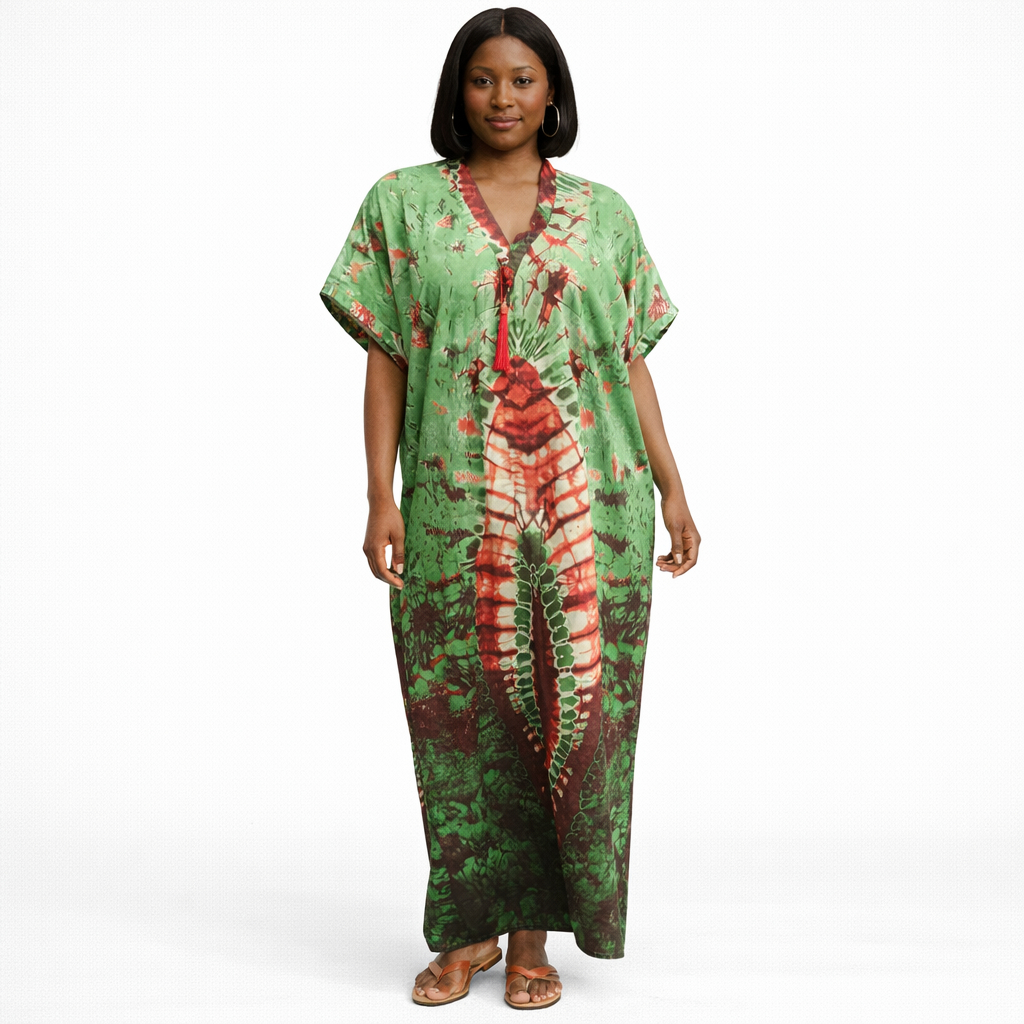 Womens Green and Red Tie Dye Kaftan Dress with Tassel Detail