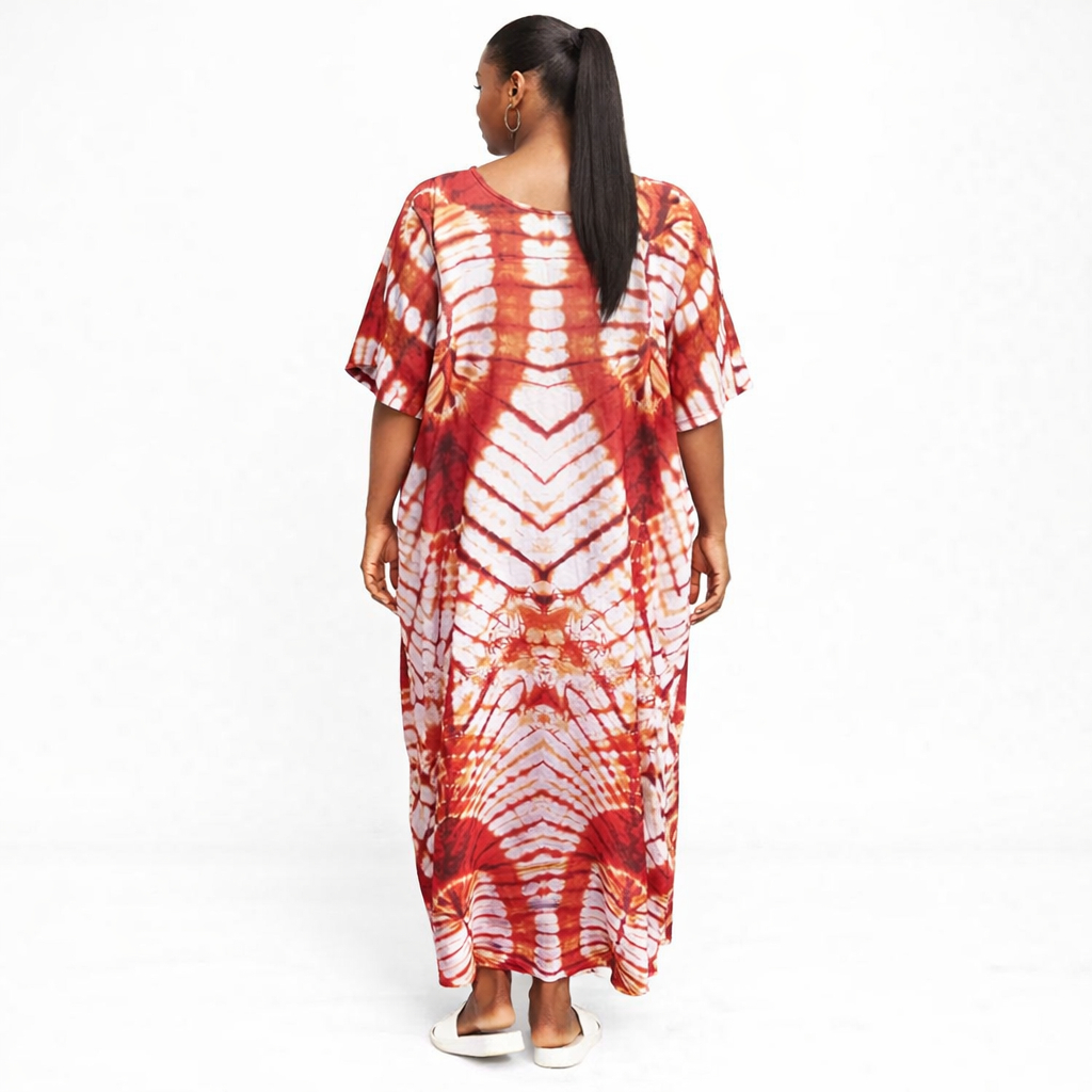 Womens Red and White Tie Dye Kaftan Dress