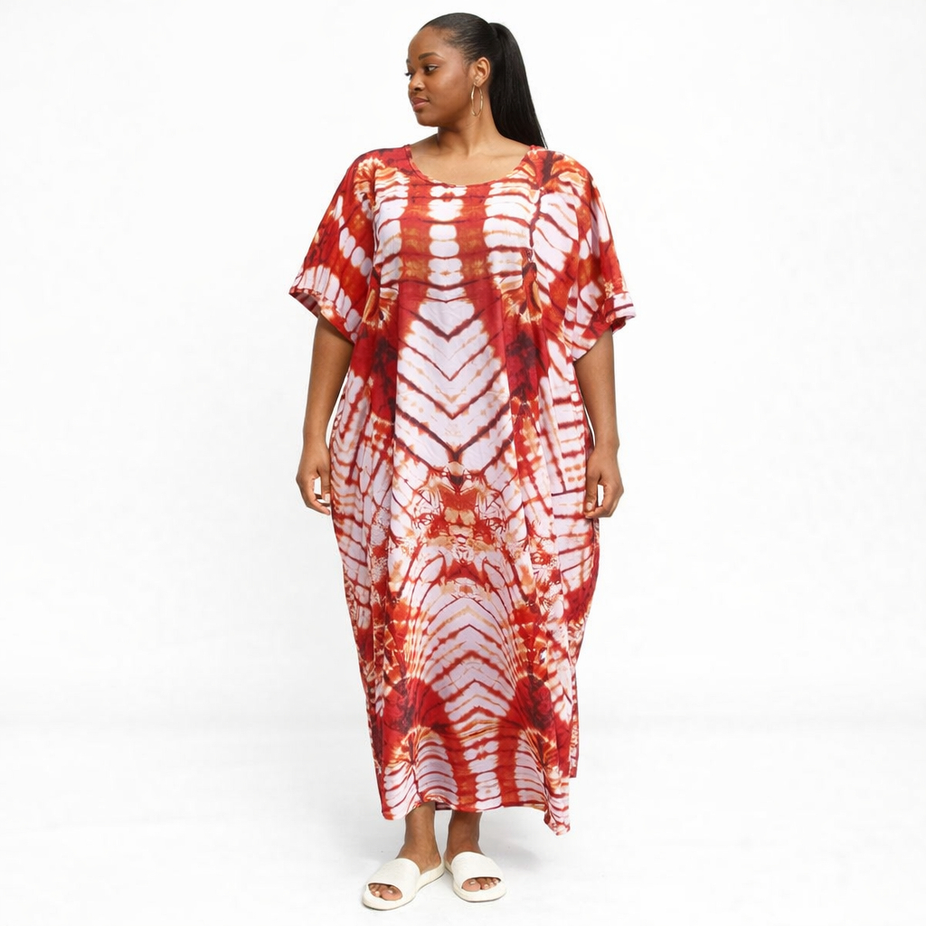 Womens Red and White Tie Dye Kaftan Dress