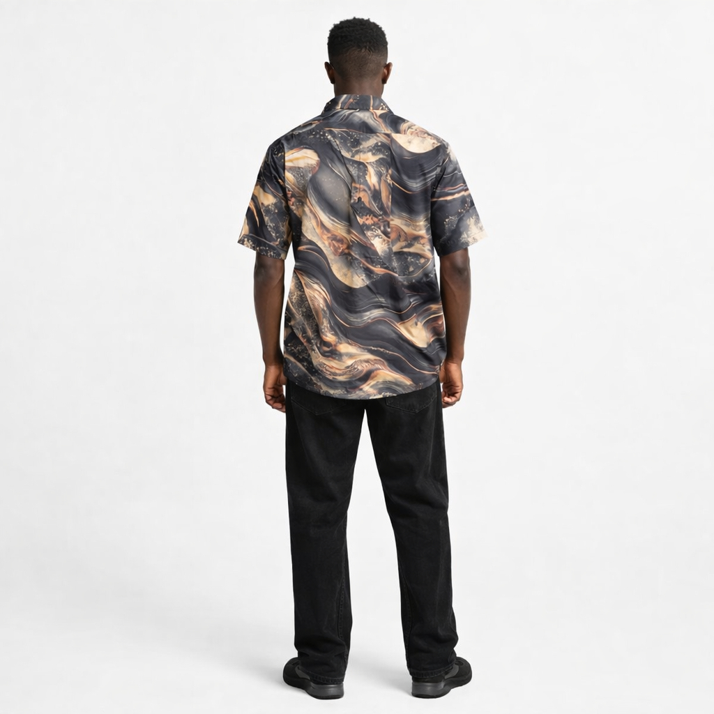 Men vintage Abstract Marble Print Short Sleeve Button up Shirt
