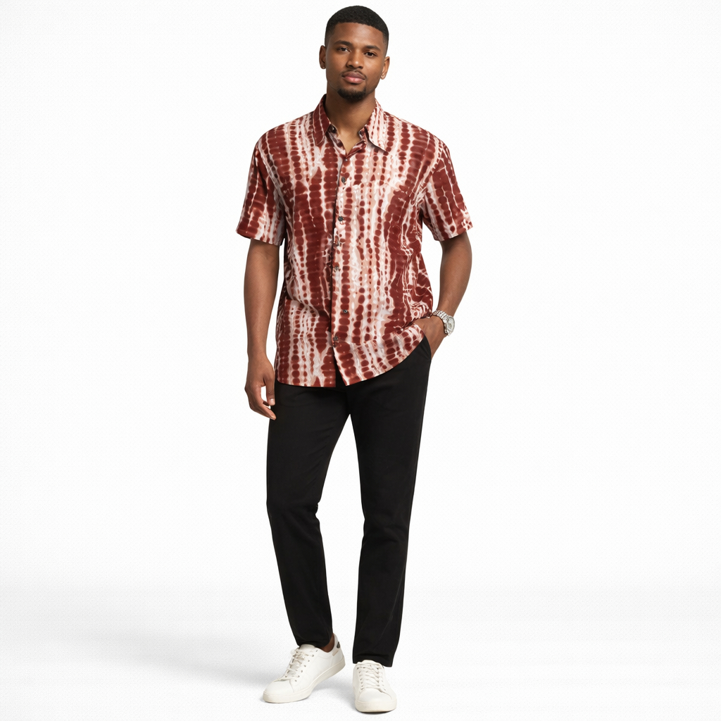 Quality Men vintage Burgundy and Cream Patterned Short Sleeve Button Up Shirt