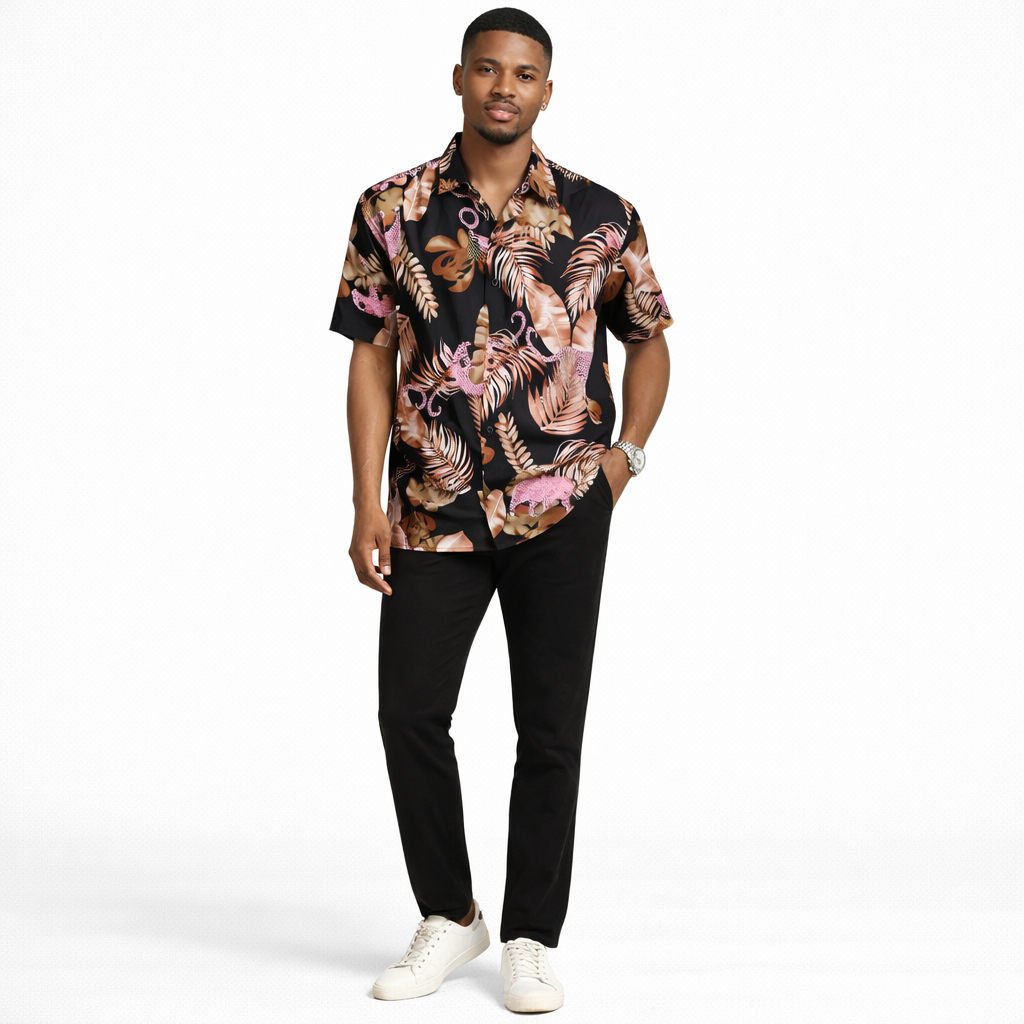 Quality Men vintage Tropical Leaf Print Short Sleeve Button Down Shirt