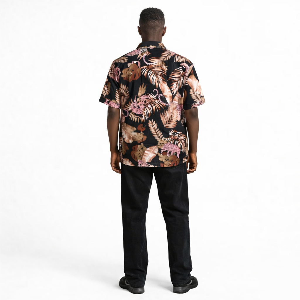 Quality Men vintage Tropical Leaf Print Short Sleeve Button Down Shirt