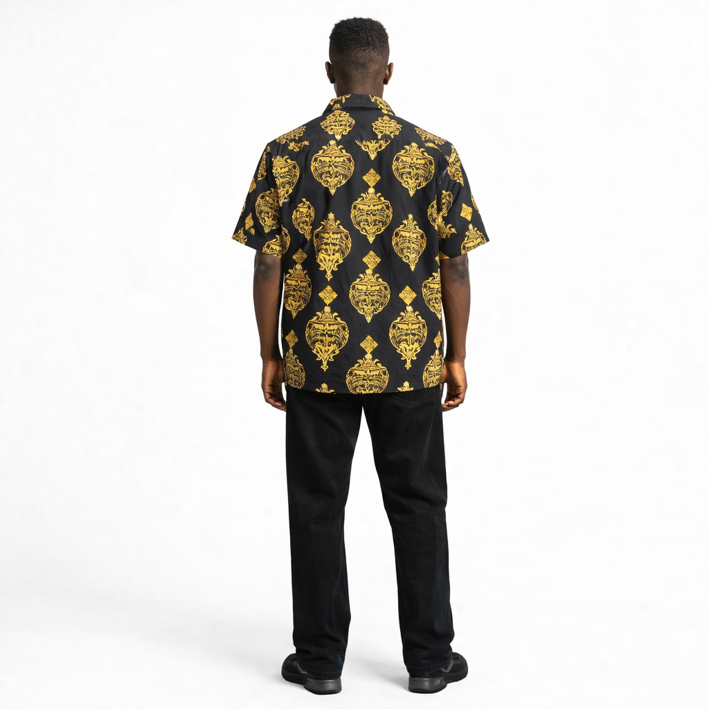 Mens vintage Black and Gold Short Sleeve Button Up Shirt