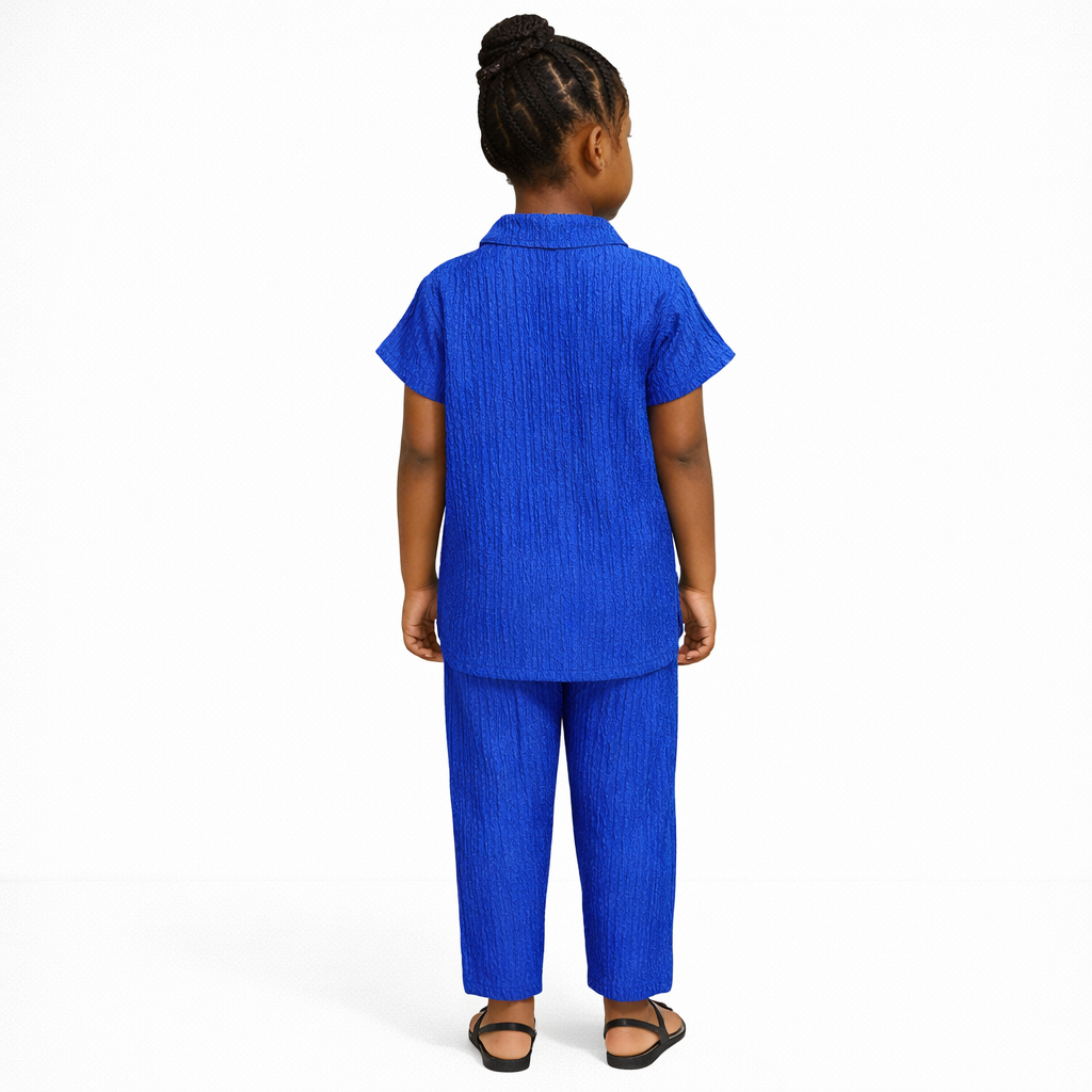 Royal Blue Ribbed Polo Top and Pants Set for Children