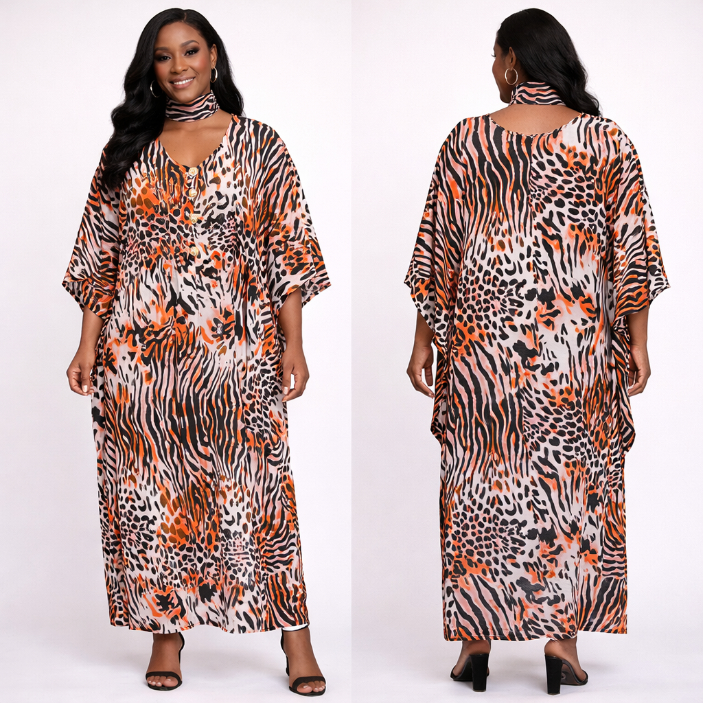 Printed Long Sleeve Midi Dress with Buttoned V neck