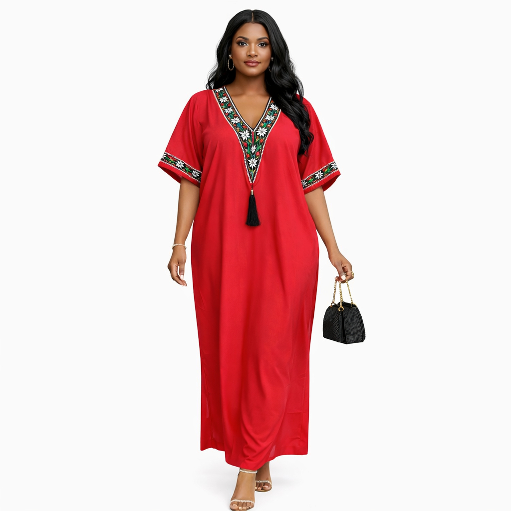 Embroidered V Neck Short Sleeve Maxi Dress