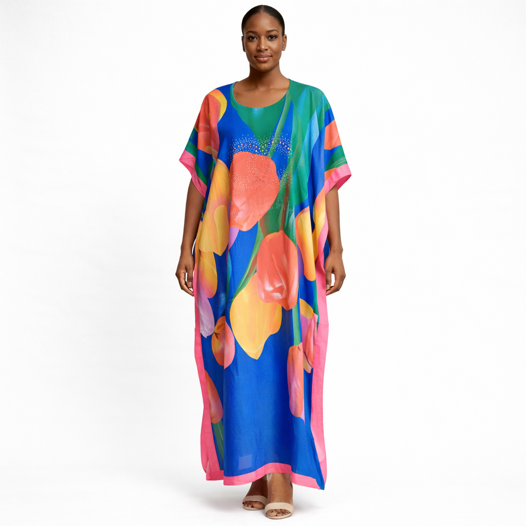 Womens Multicolor Floral Kaftan Maxi Dress