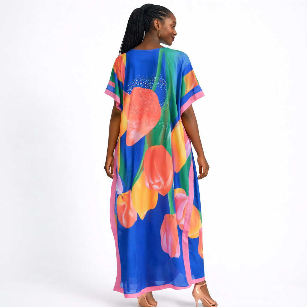 Womens Multicolor Floral Kaftan Maxi Dress