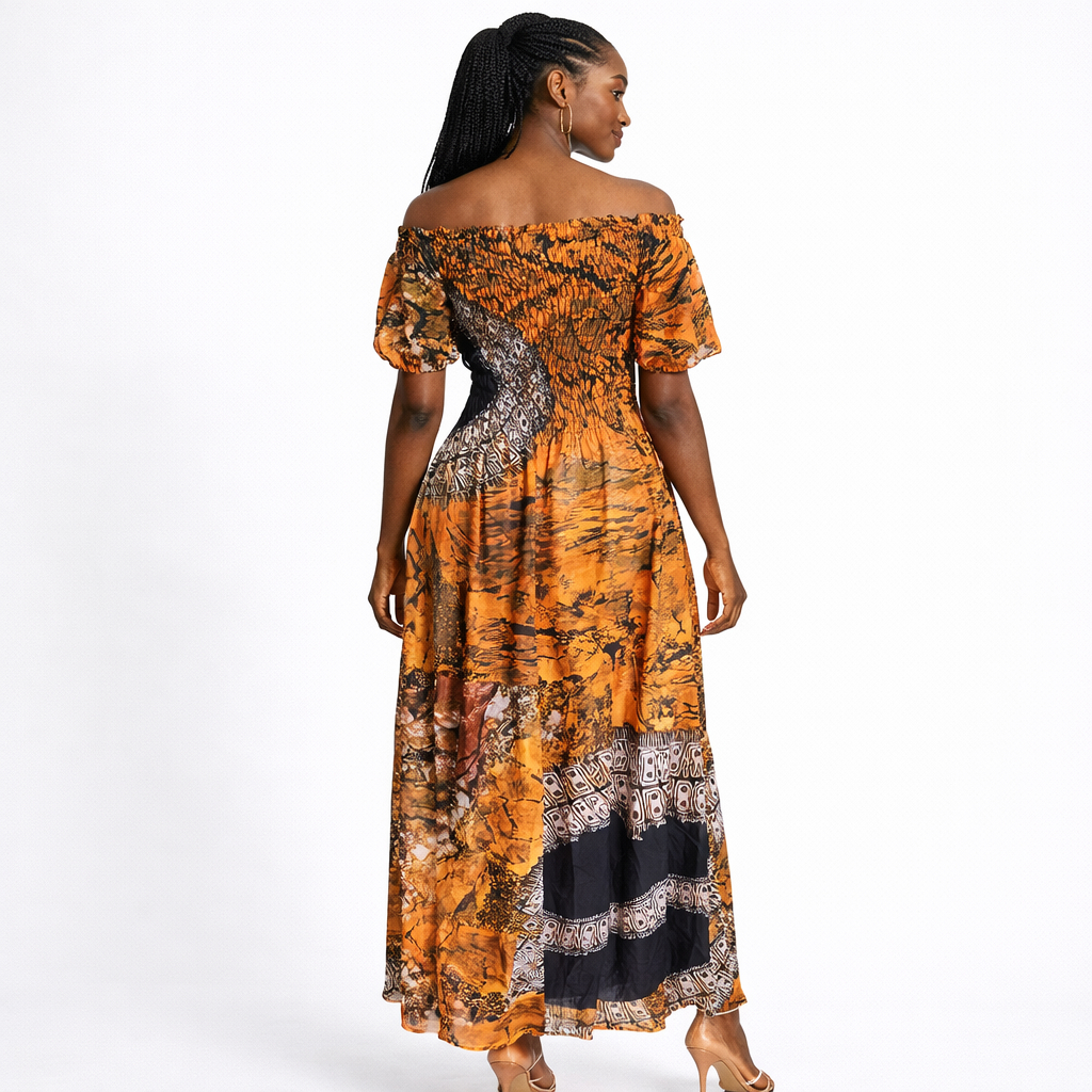 Off Shoulder Smocked Ankara Maxi Dress