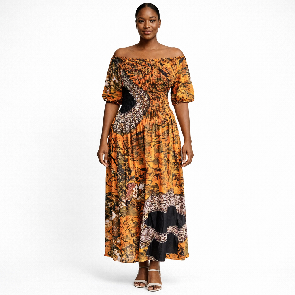 Off Shoulder Smocked Ankara Maxi Dress