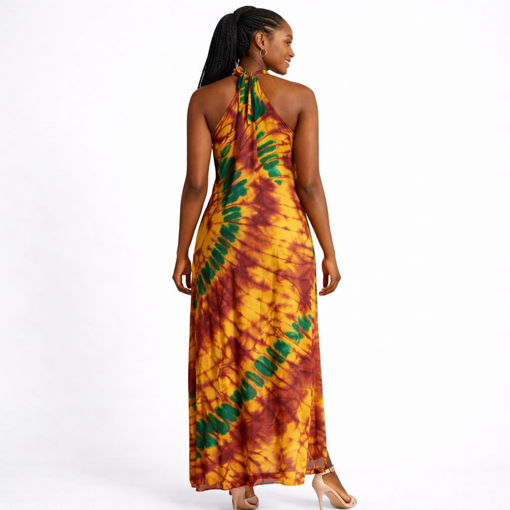 Womens Sleeveless High Neck Maxi Dress Multicolor Tie Dye Print