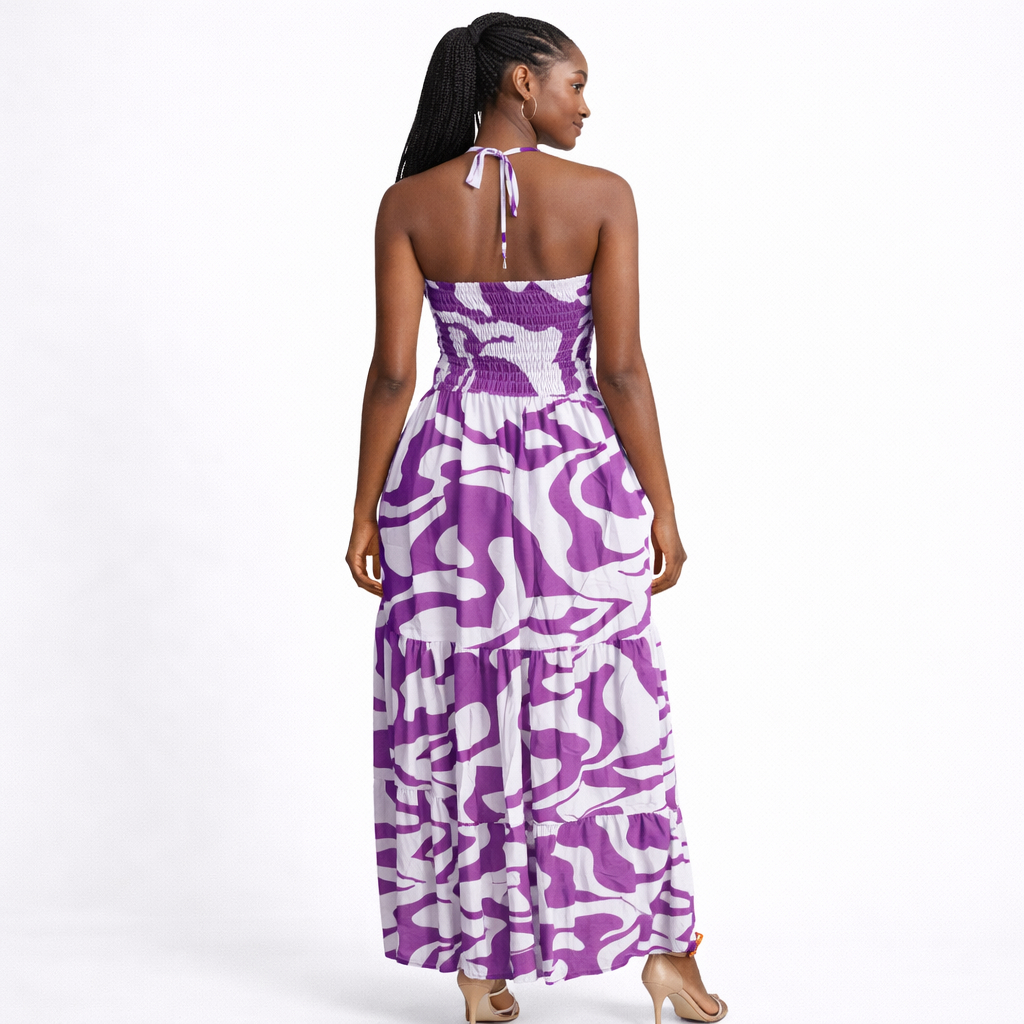 Purple and White Halter Neck Smocked Maxi Dress