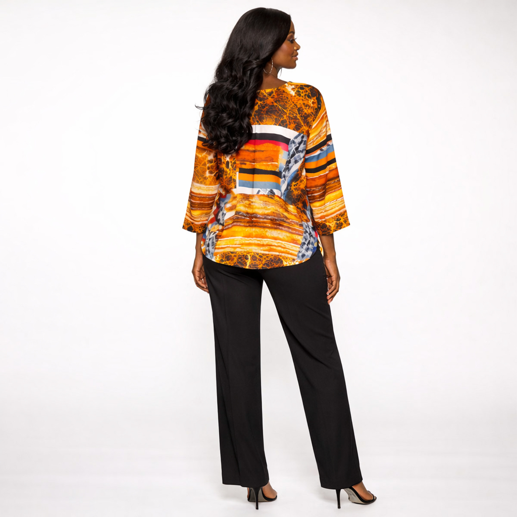 Abstract Print Long Sleeve Tunic Top with Straight Leg Pants Set
