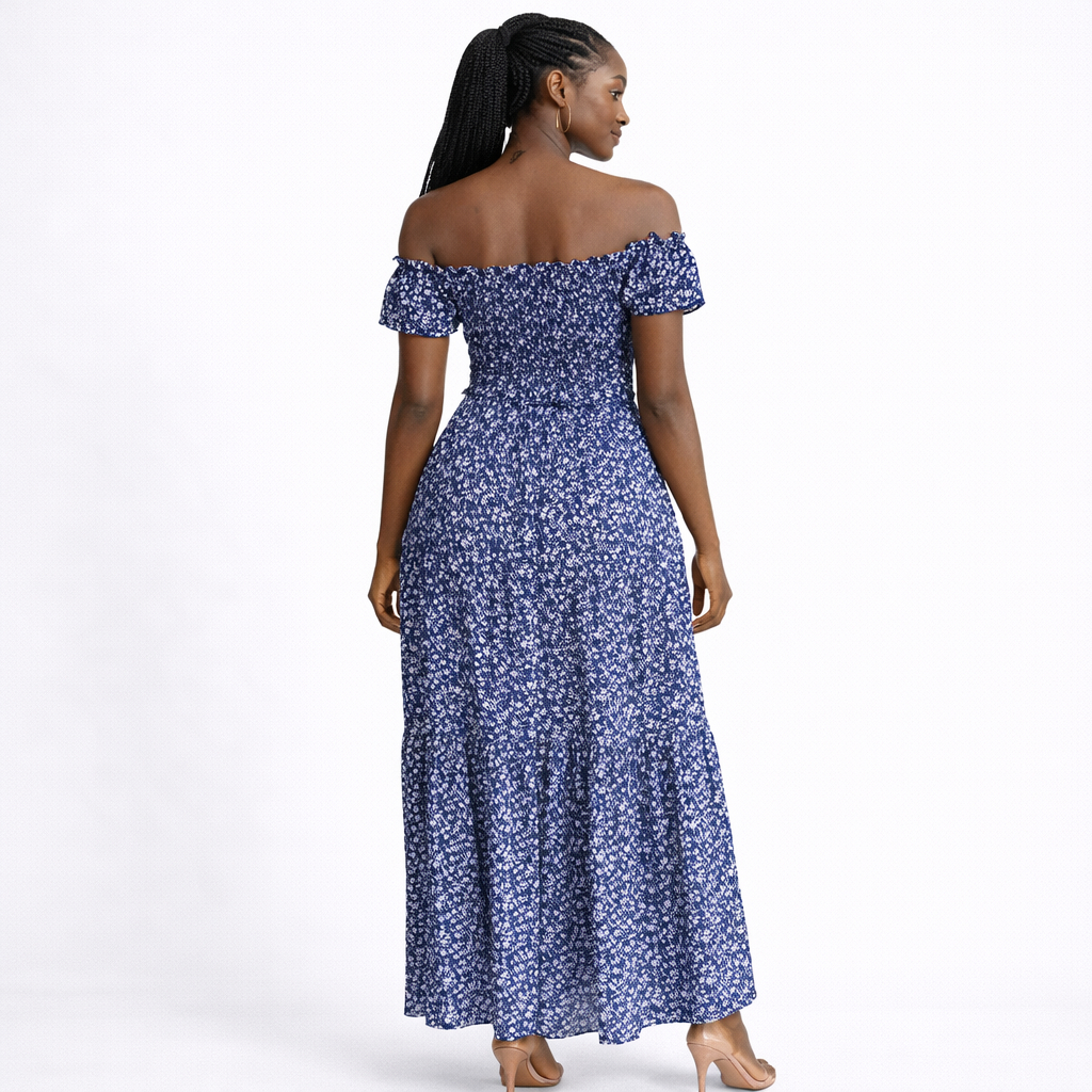 Womens Blue Floral Off Shoulder Smocked Maxi Dress