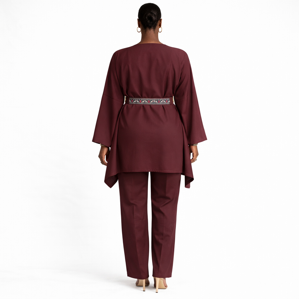Womenz Burgundy Three Piece Kimono Set with Inner Top and Pants