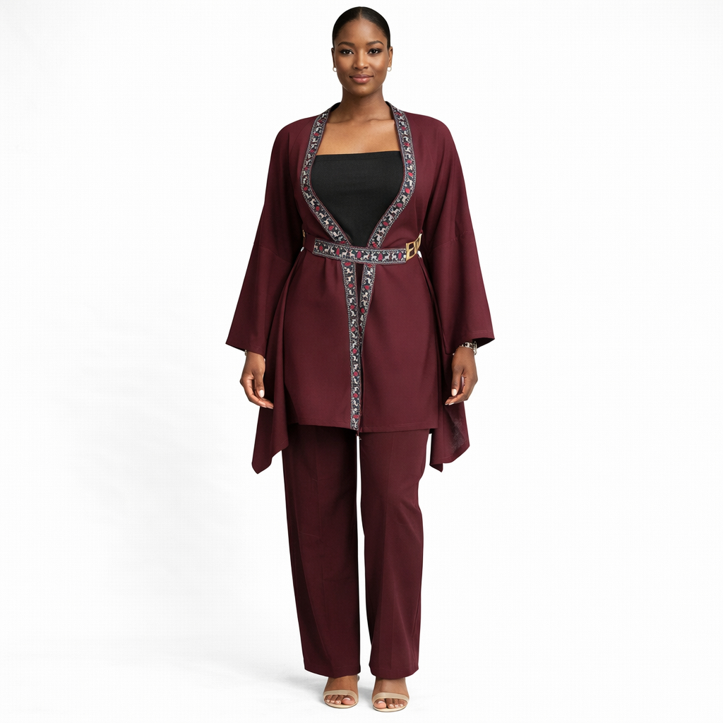 Womenz Burgundy Three Piece Kimono Set with Inner Top and Pants