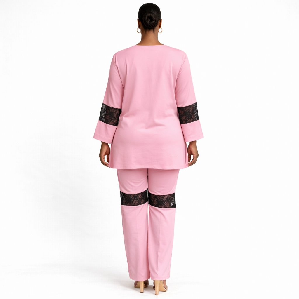 Womens Two Piece Pink Lounge Set with Lace Trim