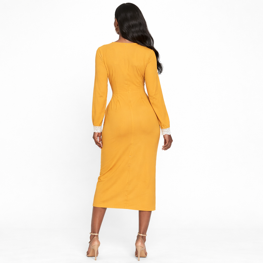 Womens Mustard Long Sleeve Button Front Midi Dress