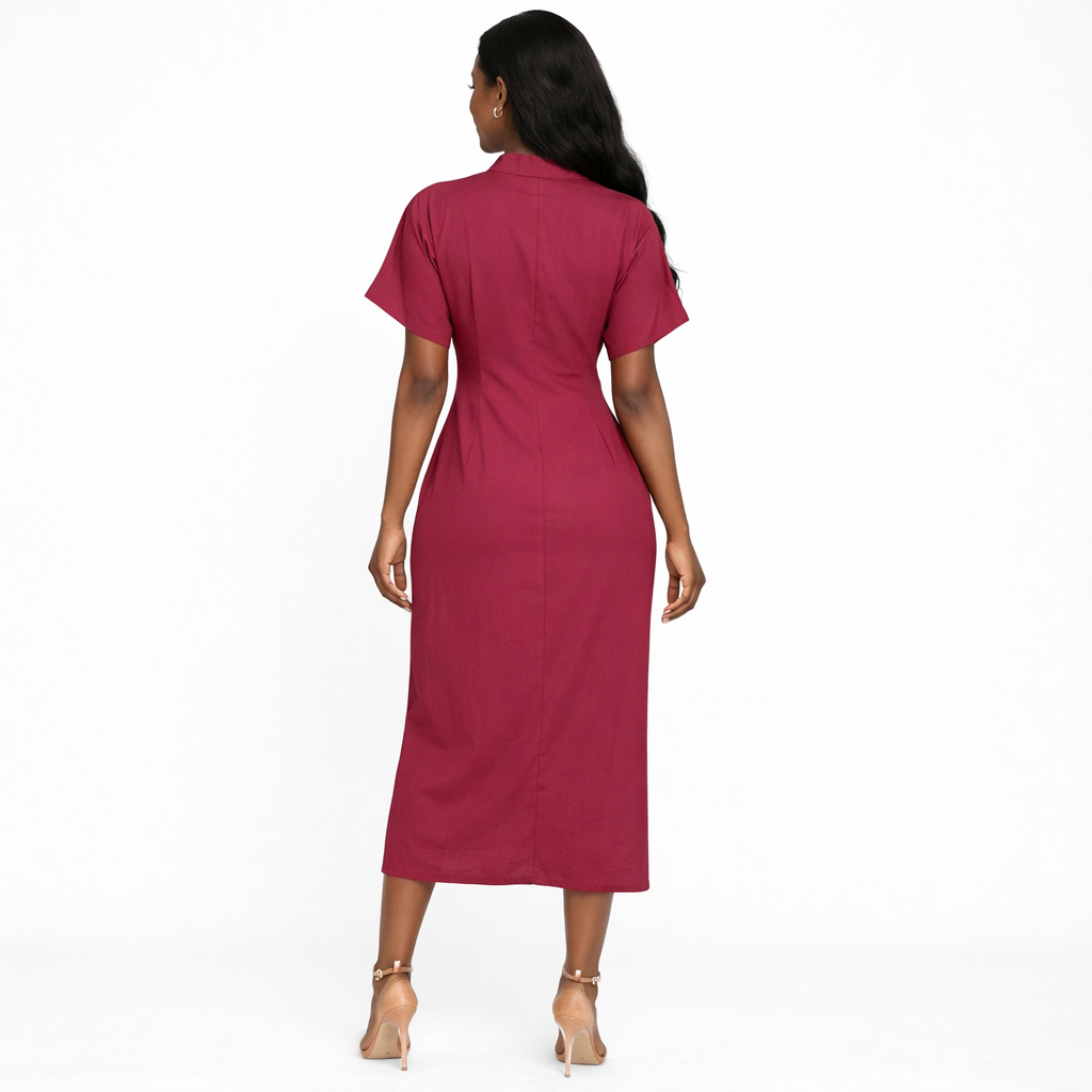 Womens Burgundy V Neck Midi Dress with Gold Button Detail