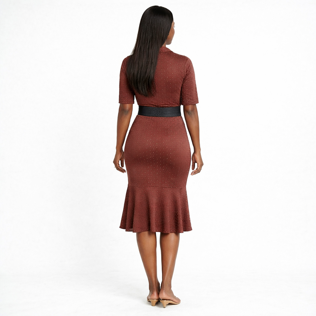 Womens Brown Textured Short Sleeve Knee Length Dress
