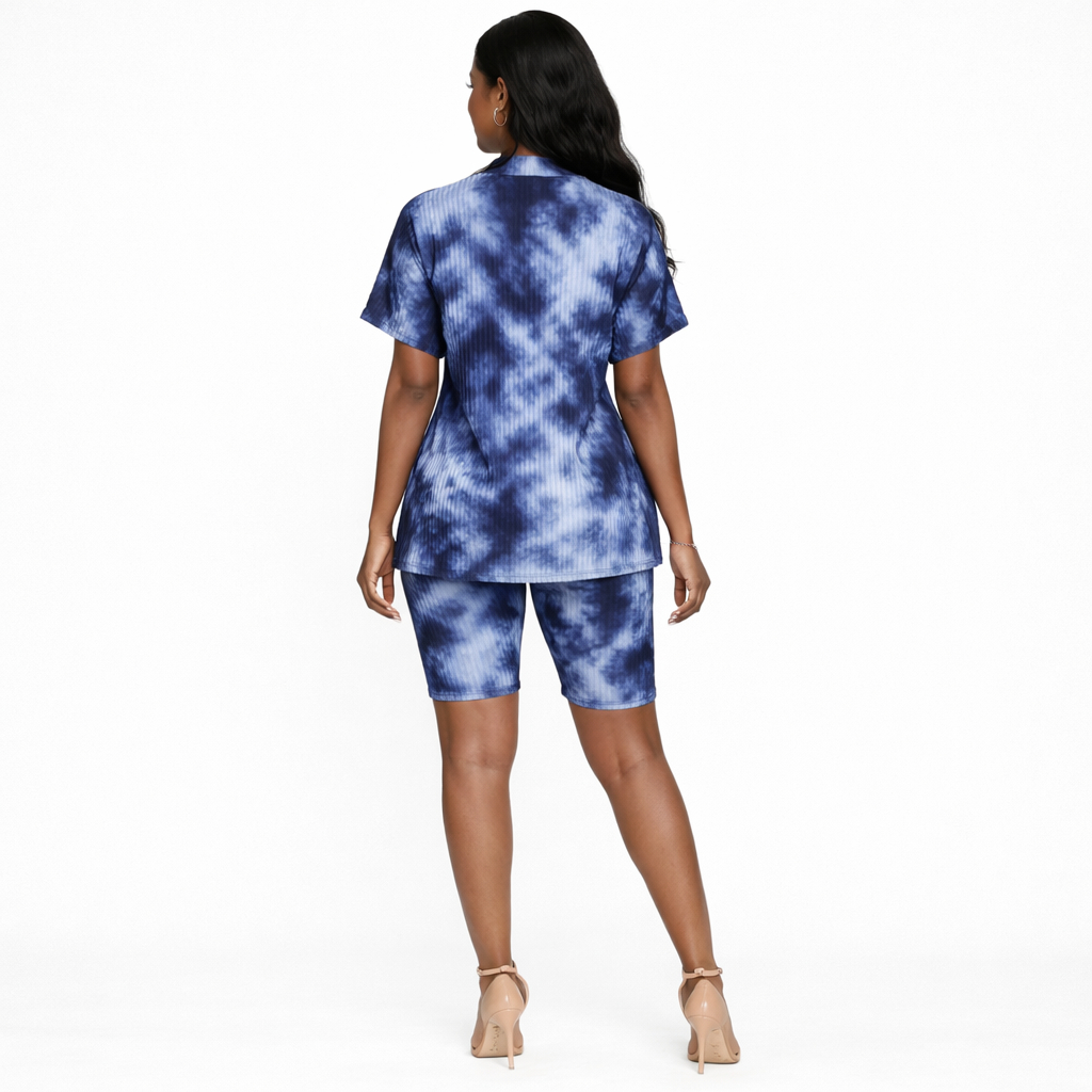 Quality Women Blue Tie Dye Textured Two Piece Short Set