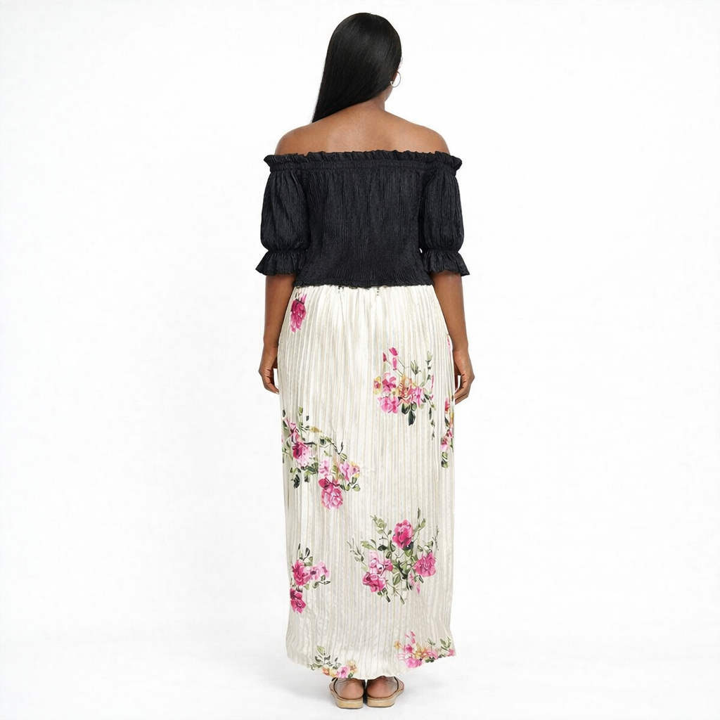 Quality Women Off Shoulder Pleated Top and Floral Maxi Skirt Set