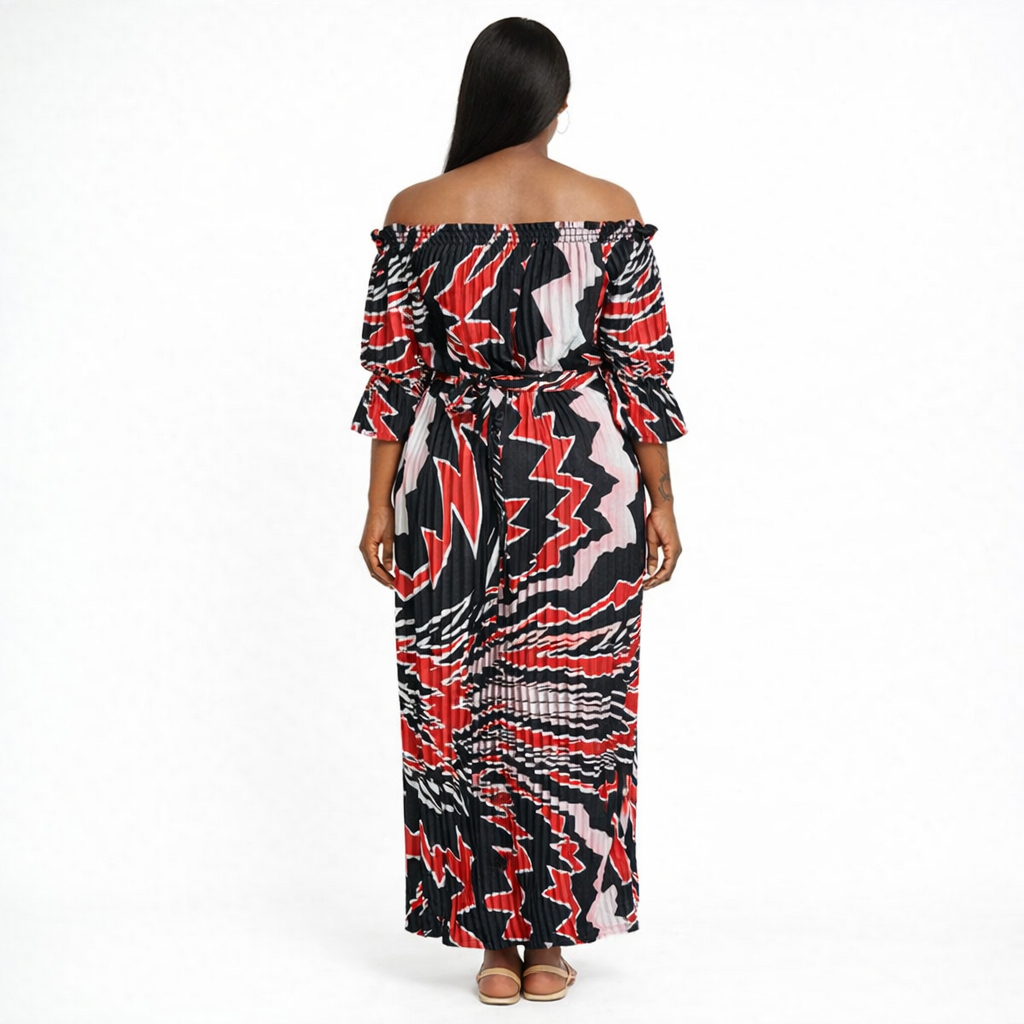 Off Shoulder Pleated Midi Dress with Abstract Print