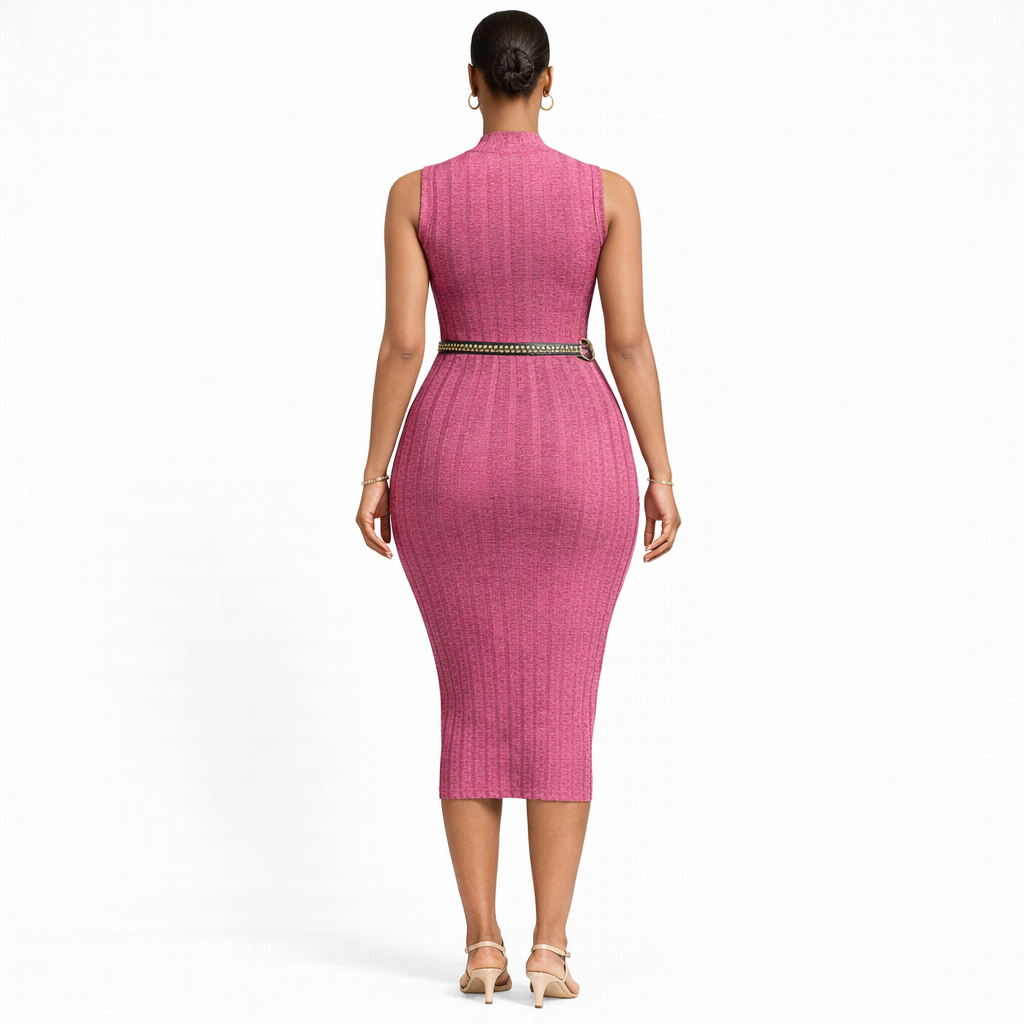 Womens Sleeveless Ribbed Bodycon Midi Dress with Chain Belt