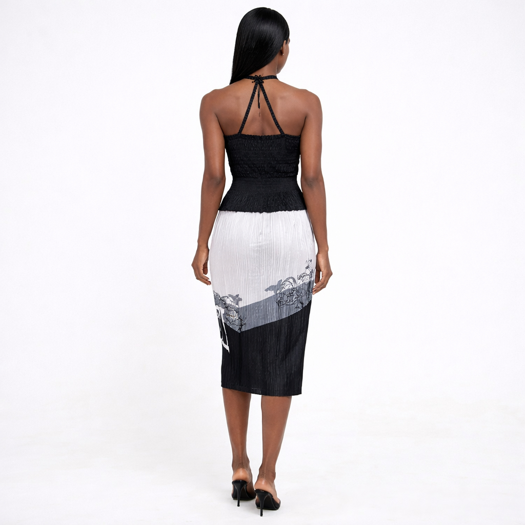 Womens Black Pleated Halter Top and Printed Midi Skirt Set